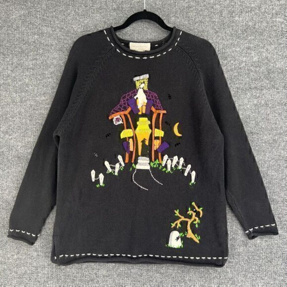 Susan Bristol Halloween Sweater Tunic Womens M Black Hand Embroidered Pullover